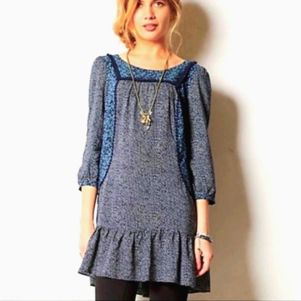 Holding Horses Anthropologie Cottagecore Tiered Tunic Top Mini Dress Sz 4 Blue